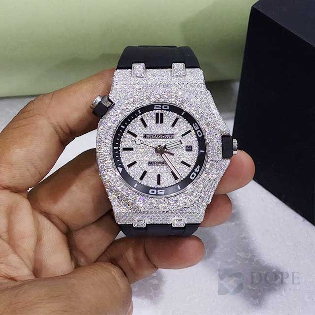 Trendy Half Iced Out Watch With Black Rubber Band Alternate View
