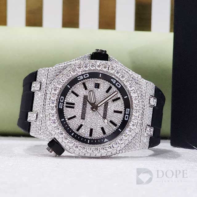 Trendy Half Iced Out Watch With Black Rubber Band