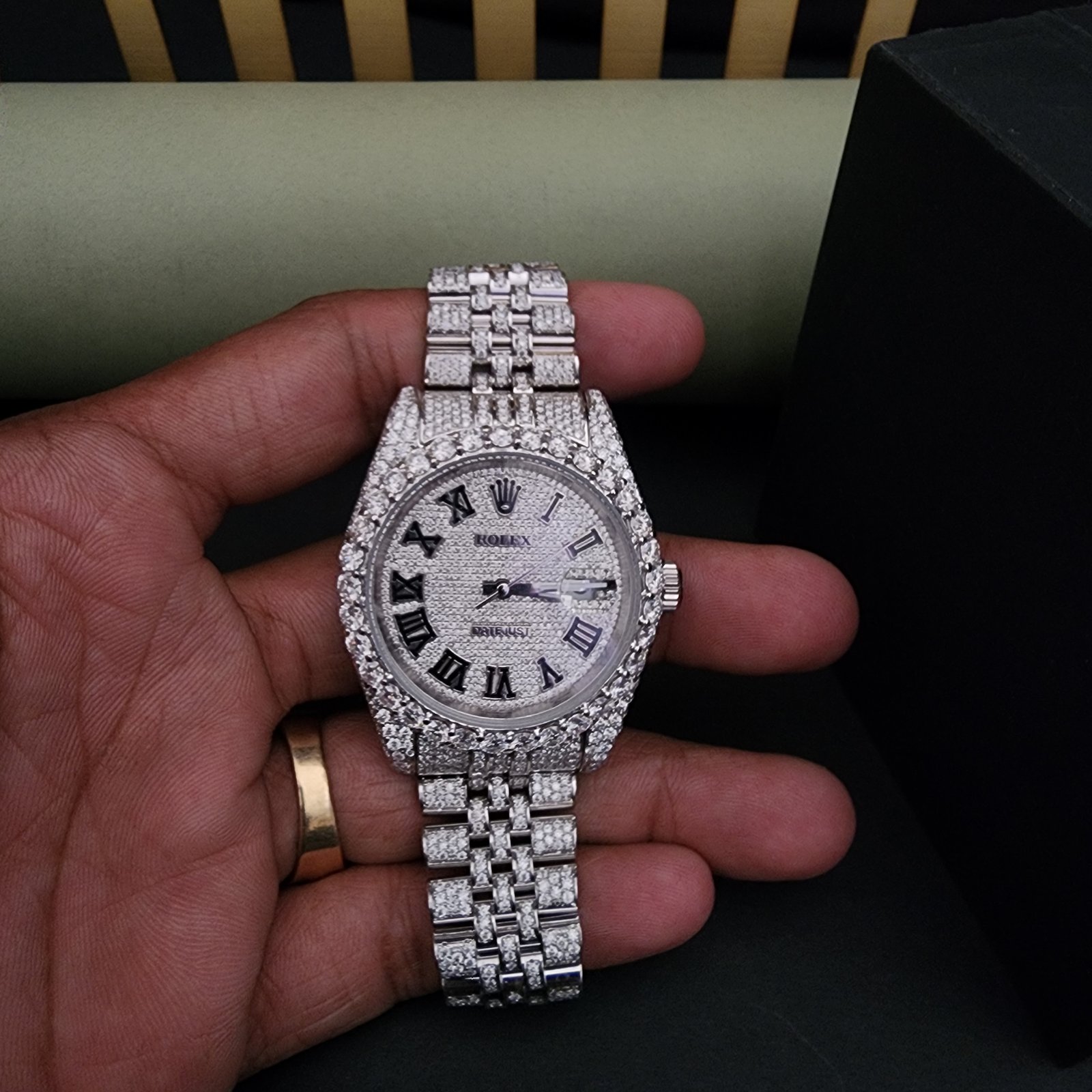 Full White Round Iced Out Diamond Watch With Roman Dial Alternate View