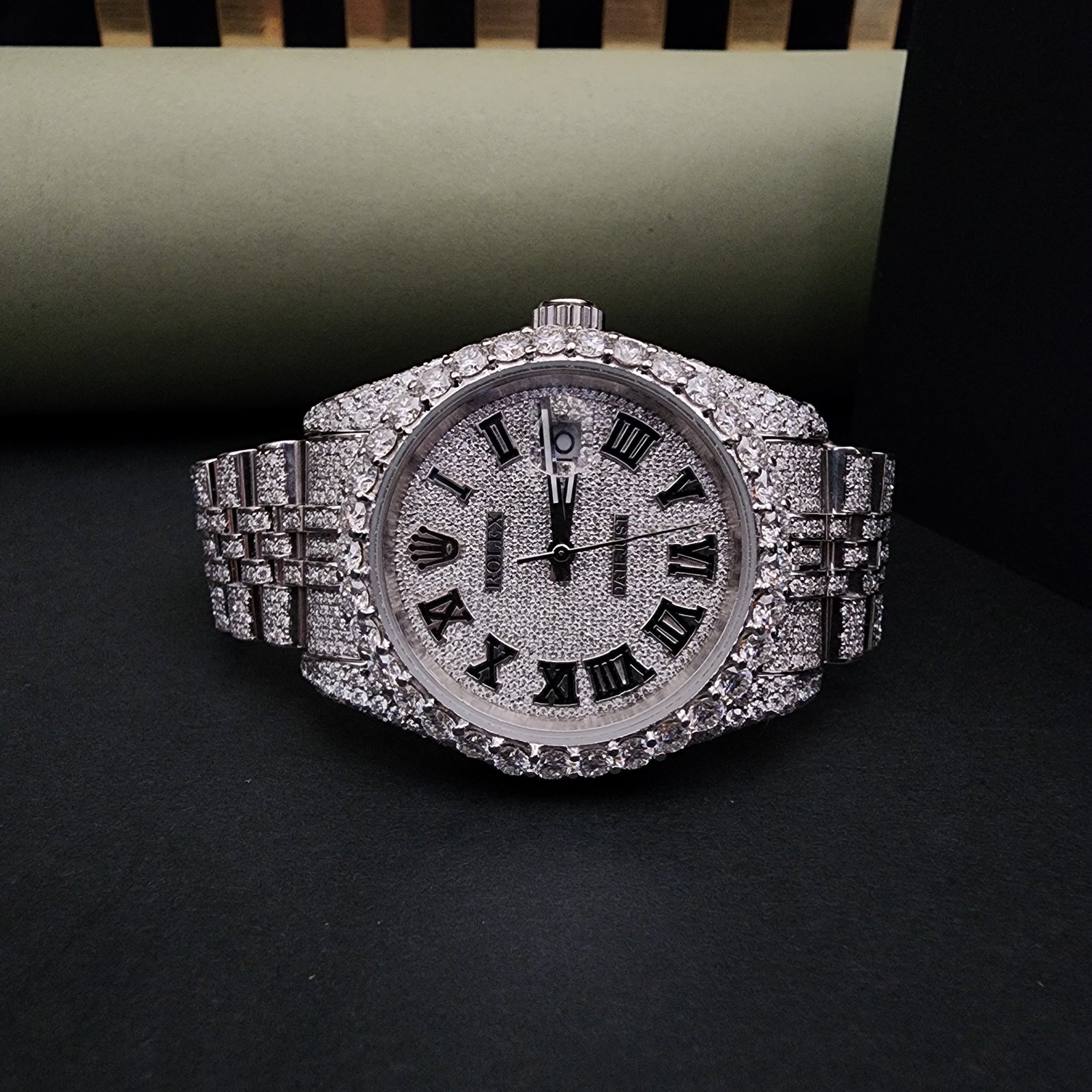 Full White Round Iced Out Diamond Watch With Roman Dial