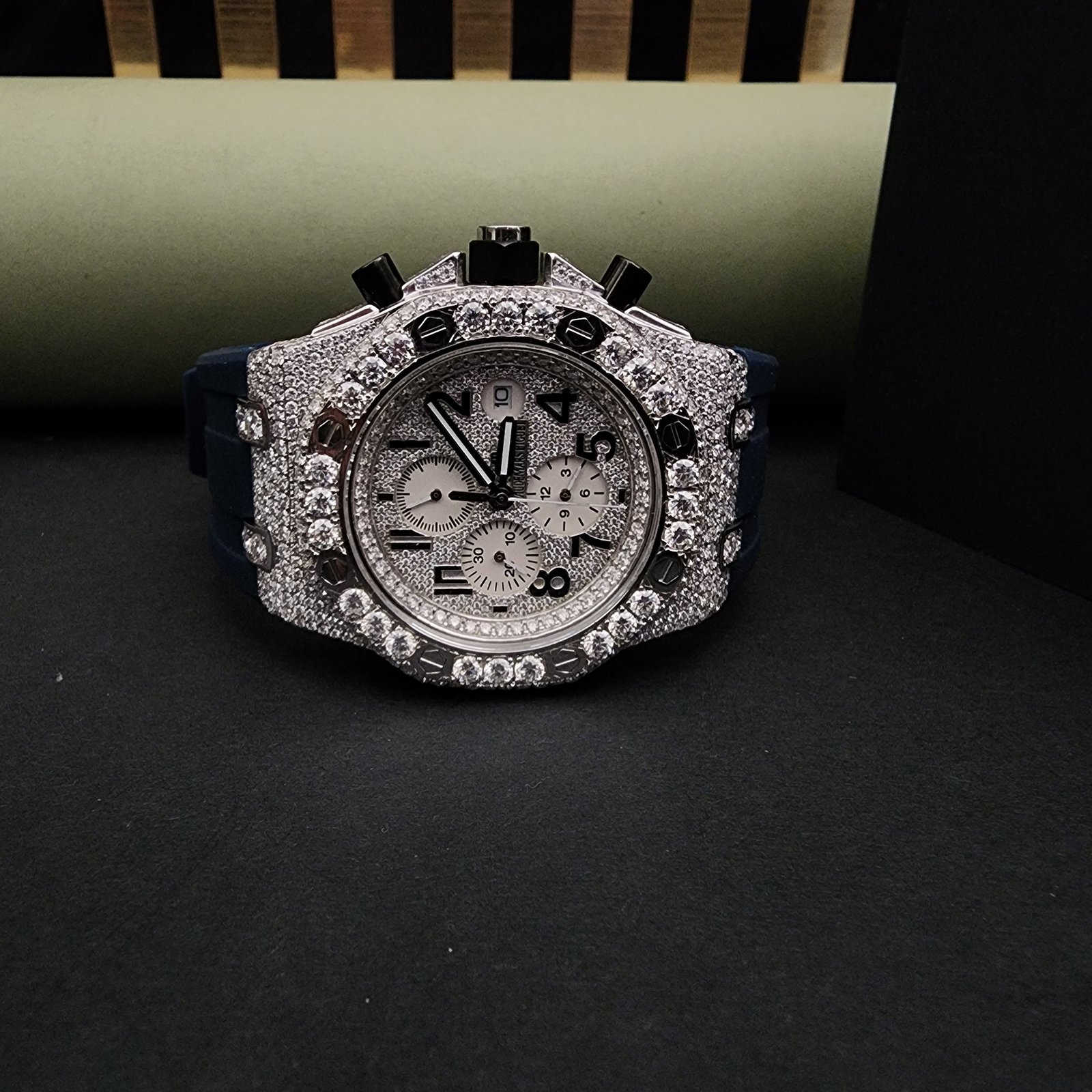 Half Iced Out Diamond Watch With Blue Rubber Band