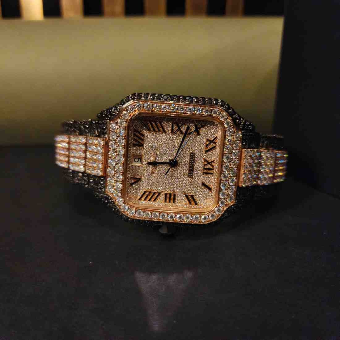 Luxury Rose Gold And Black Custom Two Tone Iced Out Diamond Watch