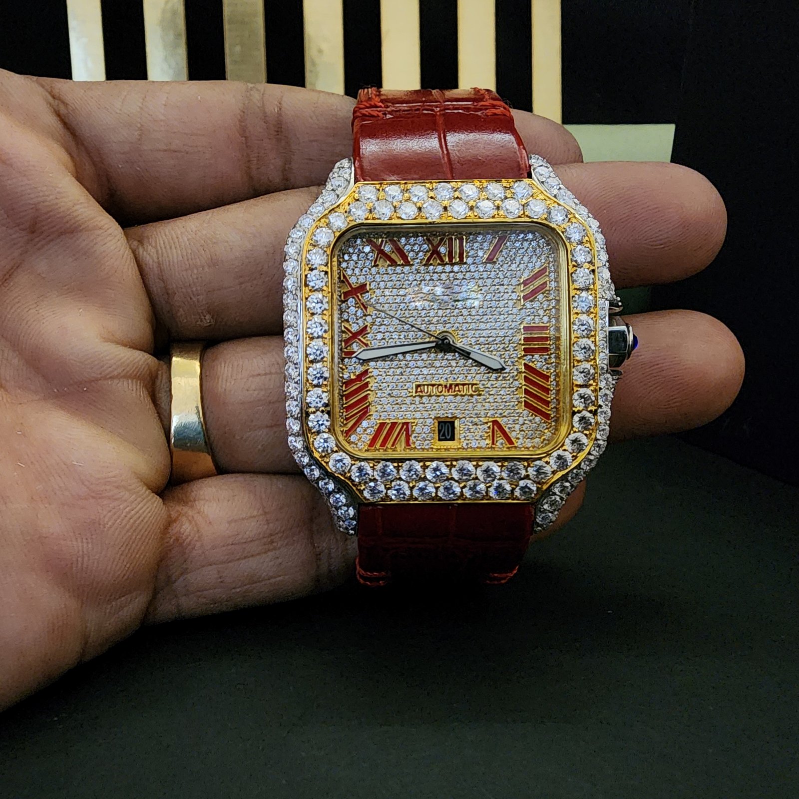 Stunning Half Iced Out Diamond Watch With Red Rubber Band Alternate View