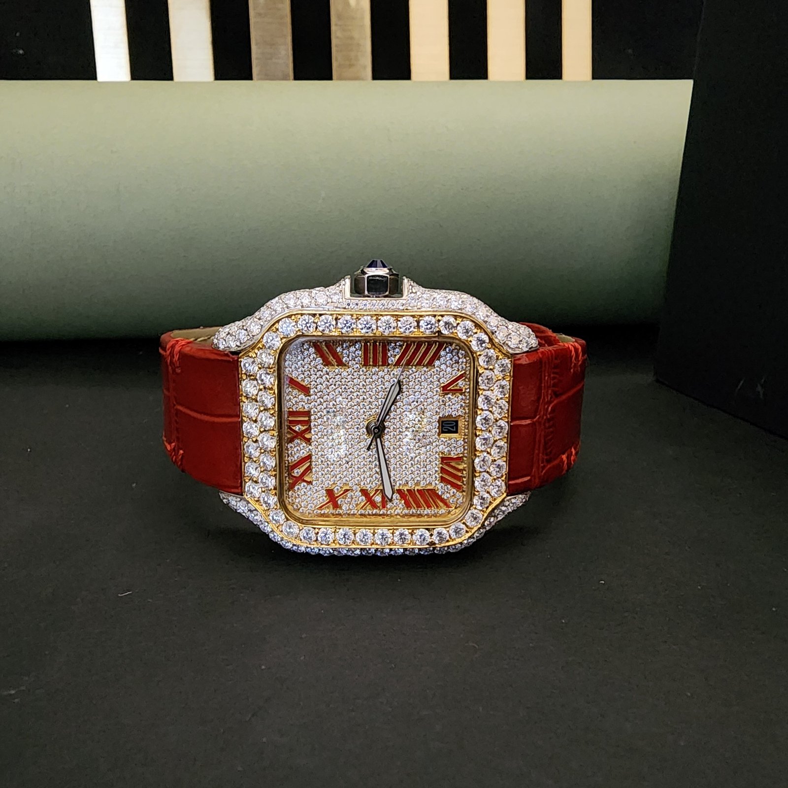 Stunning Half Iced Out Diamond Watch With Red Rubber Band