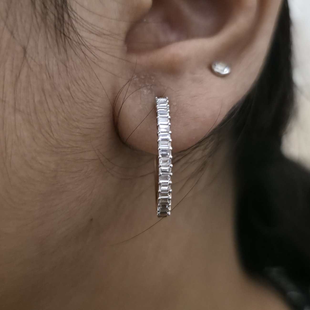 Minimalist Baguette Cut Half Hoop Diamond Earrings Alternate View