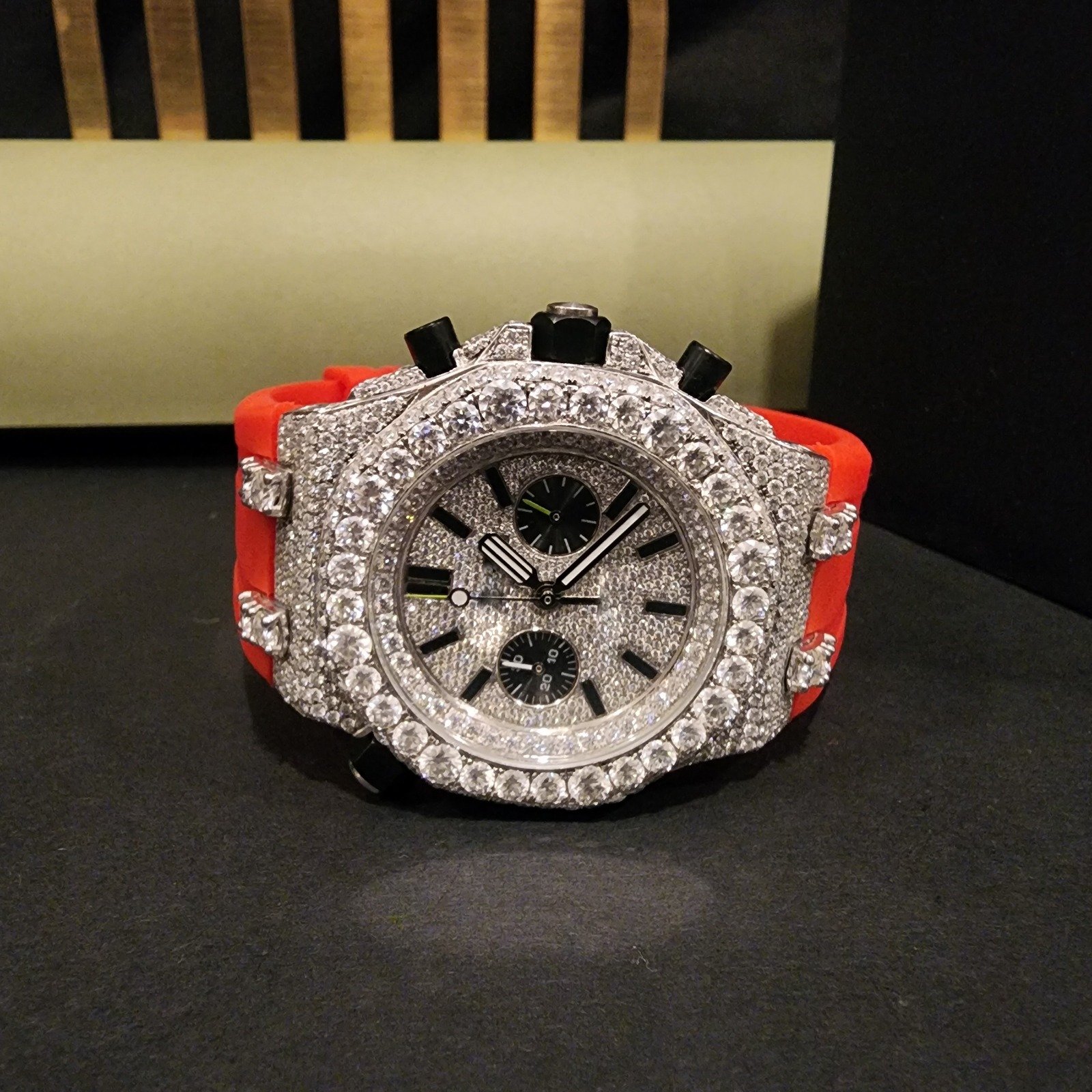 Custom Half Iced Out Diamond Watch With Orange Rubber Band