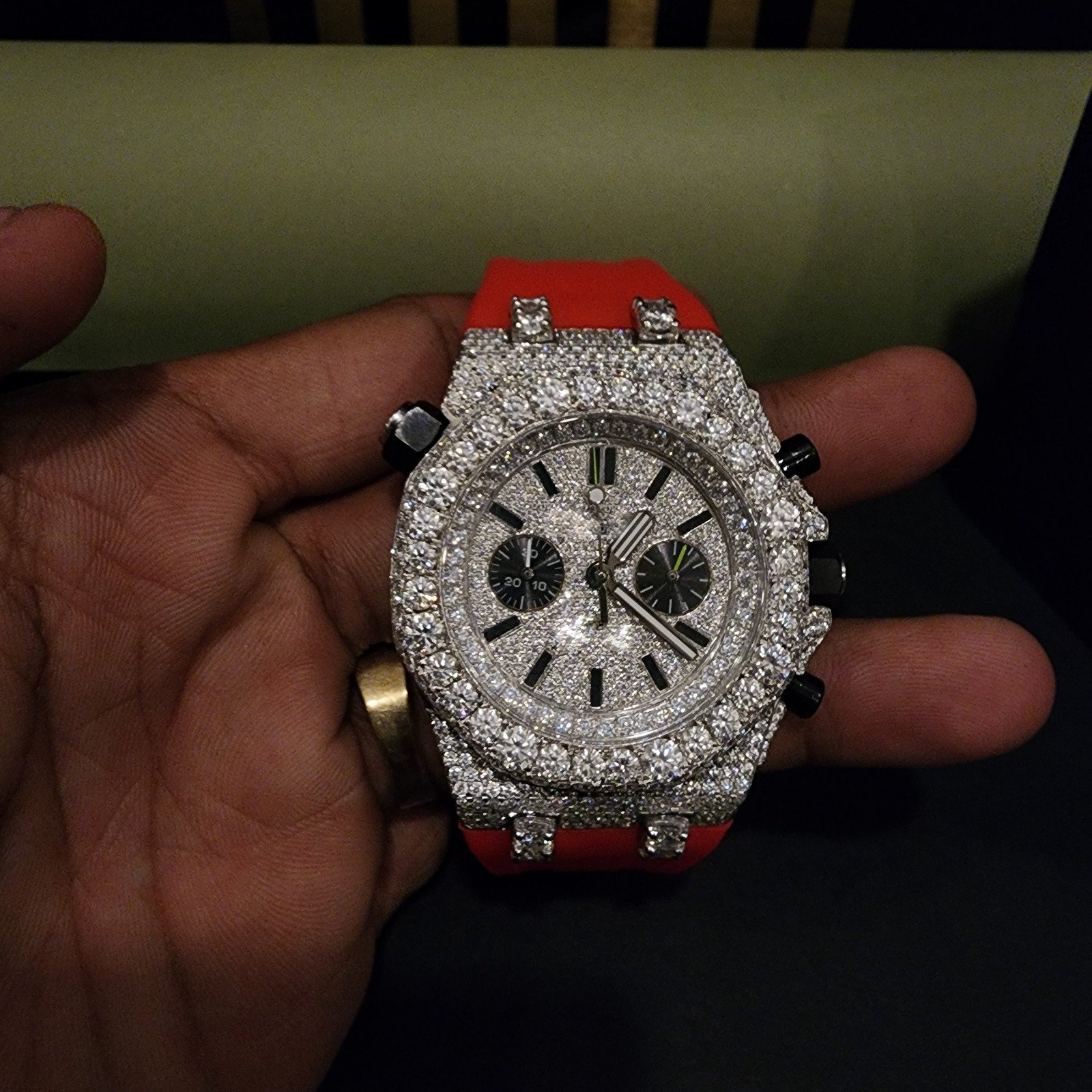 Custom Half Iced Out Diamond Watch With Orange Rubber Band Alternate View