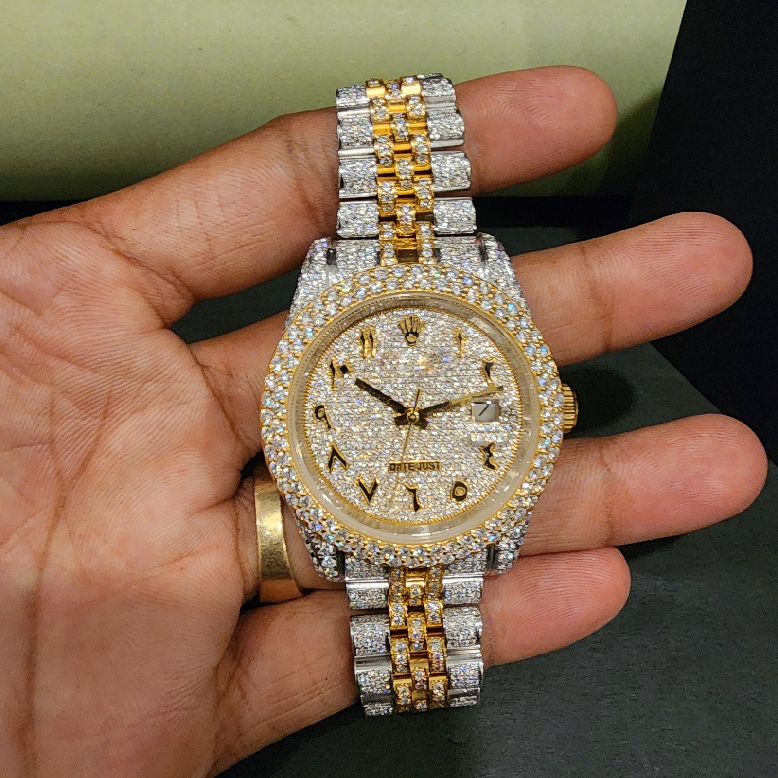 Luxury Full Iced Out Two Tone Arabic Dial Diamond Watch Alternate View