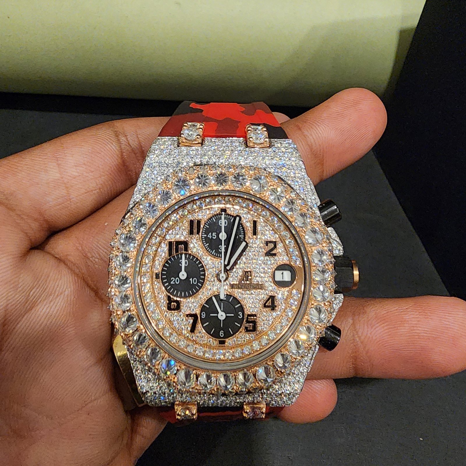 Half Iced Out Custom Diamond Watch With Red Rubber Band Alternate View