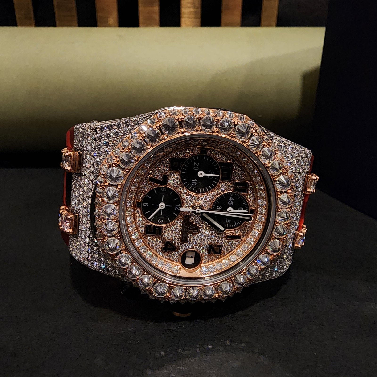 Half Iced Out Custom Diamond Watch With Red Rubber Band