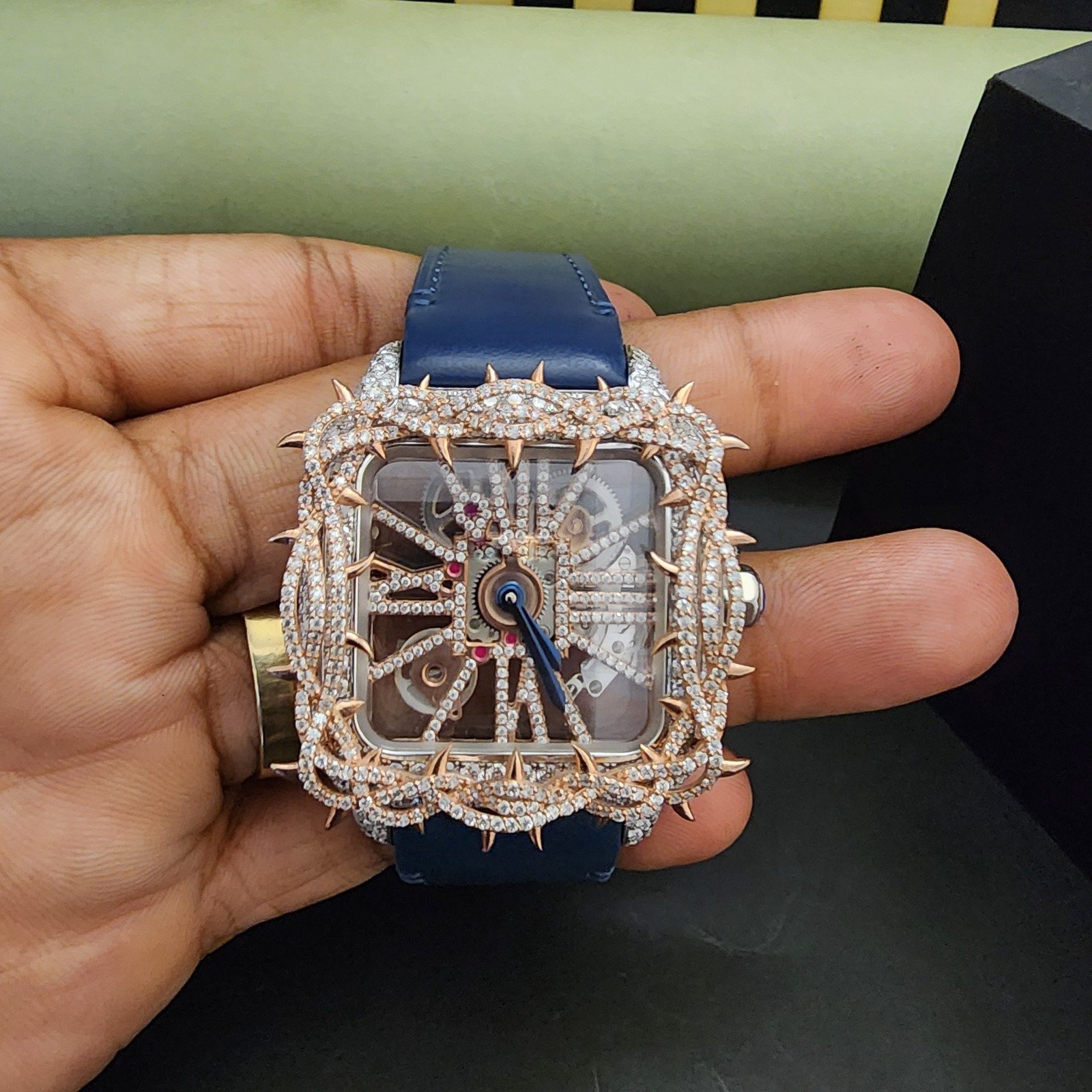 Half Iced Out Throne Diamond Watch With Blue Rubber Band Alternate View