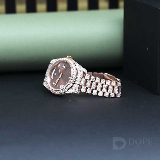 Full Iced Out Rose Tone Diamond Watch For Unisex Alternate View