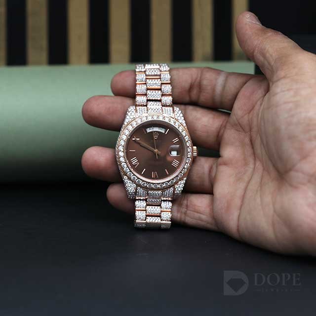 Full Iced Out Rose Tone Diamond Watch For Unisex